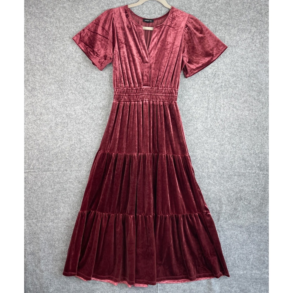 August Sky Velvet Tiered Maxi Dress Womens Small Burgundy Whimsigoth Fairygoth